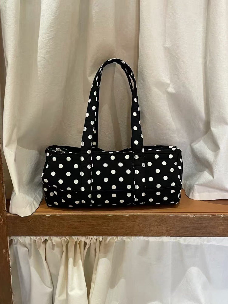 Women's Black Polka Dot Canvas Shoulder Bag with Zipper Closure