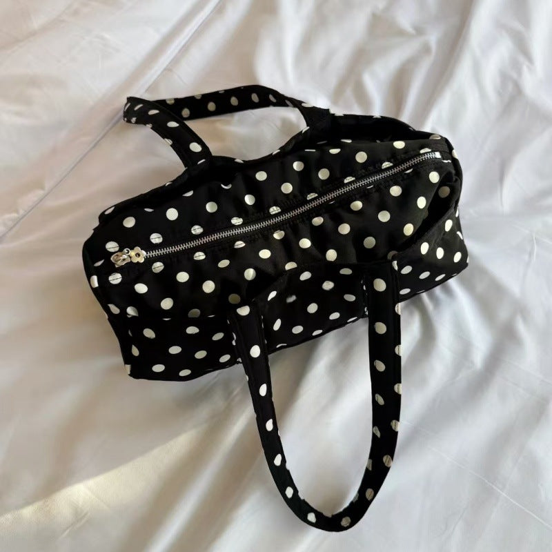 Women's Black Polka Dot Canvas Shoulder Bag with Zipper Closure