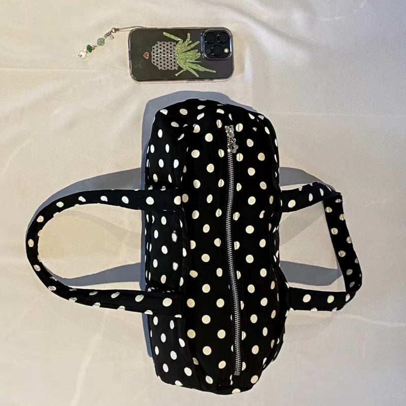Women's Black Polka Dot Canvas Shoulder Bag with Zipper Closure