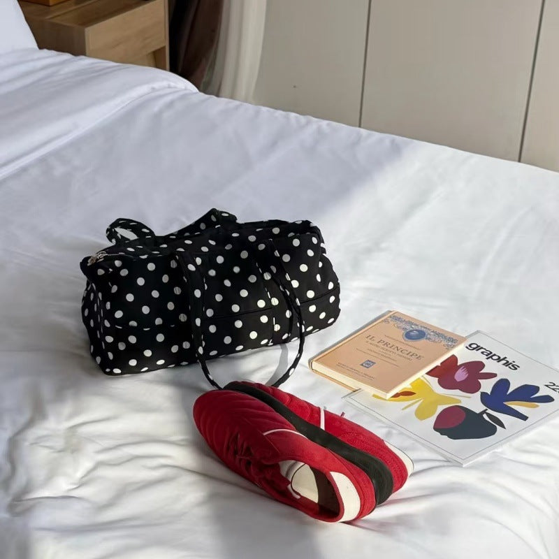 Women's Black Polka Dot Canvas Shoulder Bag with Zipper Closure