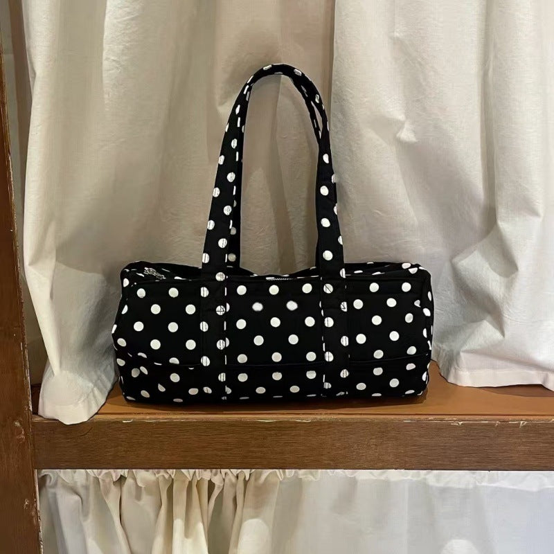 Women's Black Polka Dot Canvas Shoulder Bag with Zipper Closure