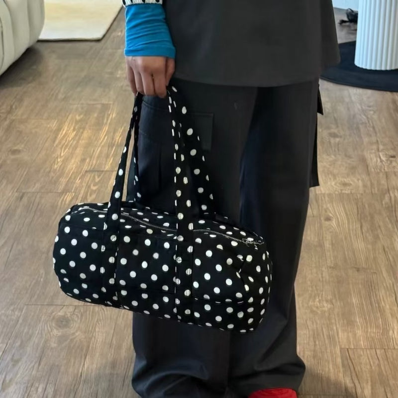 Women's Black Polka Dot Canvas Shoulder Bag with Zipper Closure