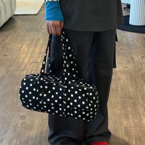 Women's Black Polka Dot Canvas Shoulder Bag with Zipper Closure