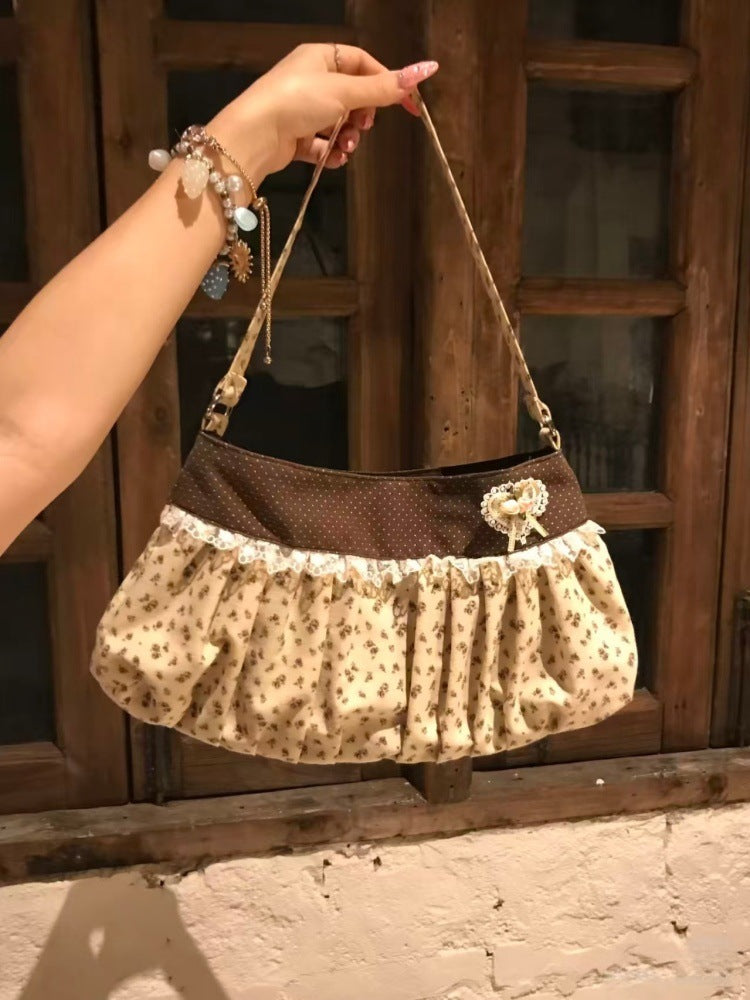 Women's Floral Ruched Shoulder Bag with Decorative Bow