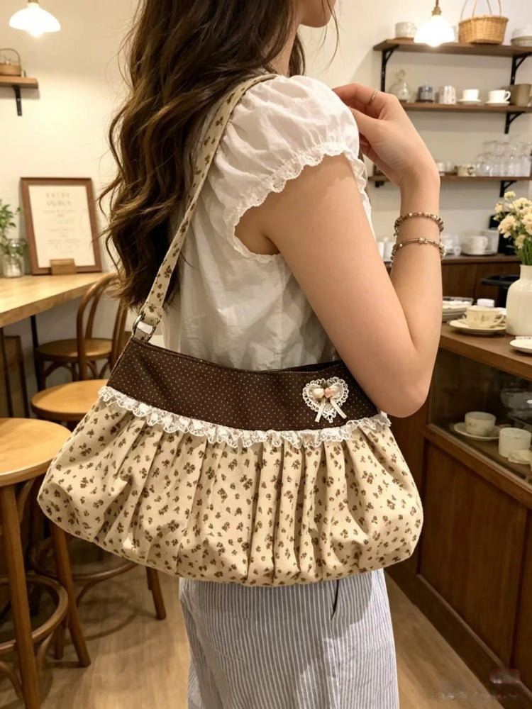 Women's Floral Ruched Shoulder Bag with Decorative Bow