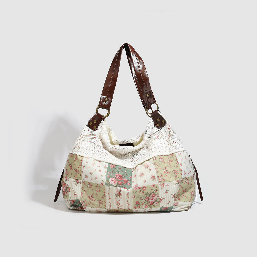 Women's Large Floral Patchwork Tote Bag with Lace Detail