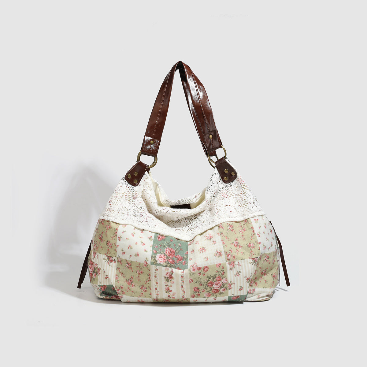 Women's Large Floral Patchwork Tote Bag with Lace Detail