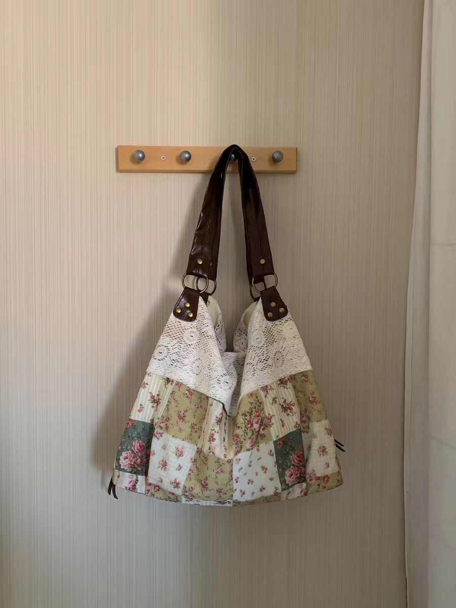 Women's Large Floral Patchwork Tote Bag with Lace Detail