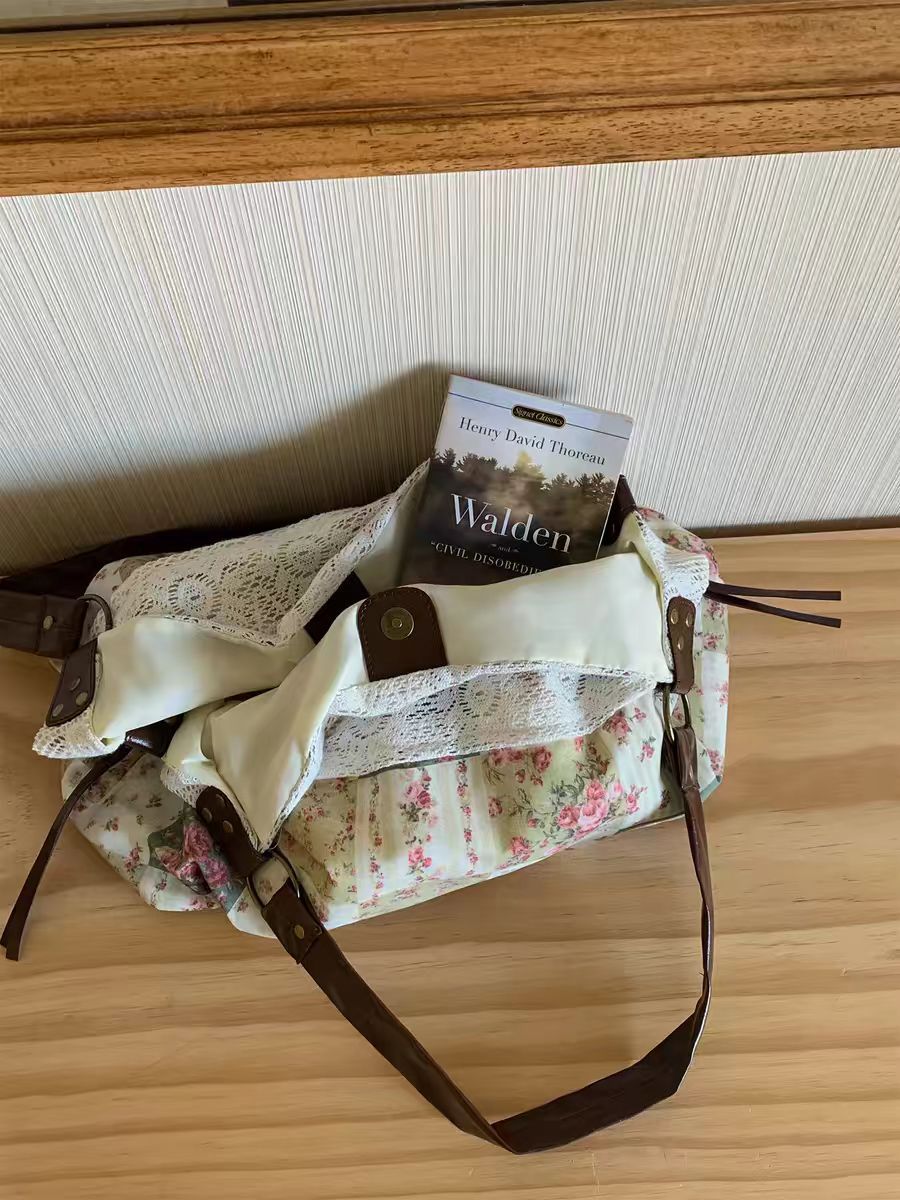 Women's Large Floral Patchwork Tote Bag with Lace Detail