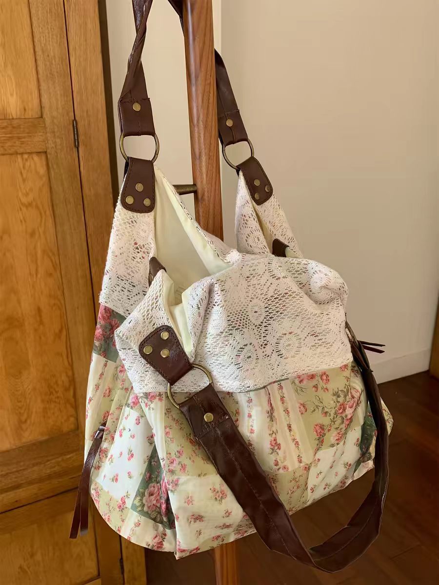 Women's Large Floral Patchwork Tote Bag with Lace Detail