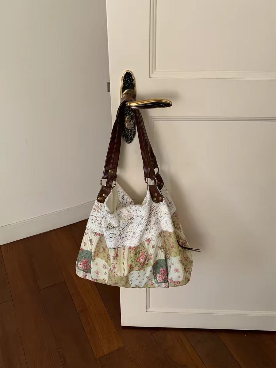 Women's Large Floral Patchwork Tote Bag with Lace Detail