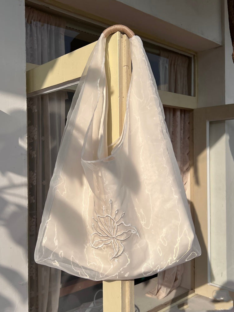 Women's Large Soft Shoulder Tote Bag with Embroidered Detail