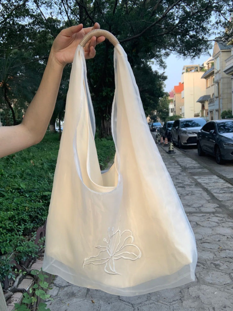 Women's Large Soft Shoulder Tote Bag with Embroidered Detail