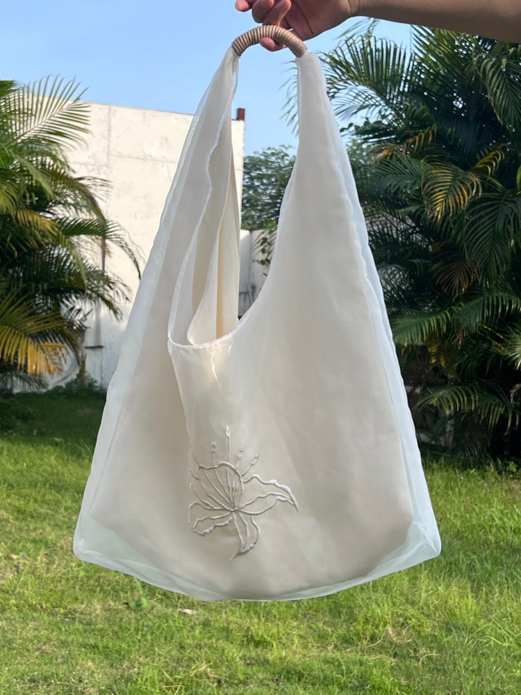 Women's Large Soft Shoulder Tote Bag with Embroidered Detail