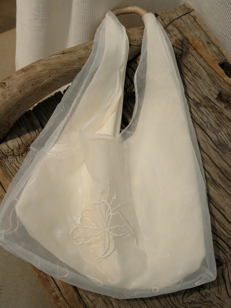 Women's Large Soft Shoulder Tote Bag with Embroidered Detail