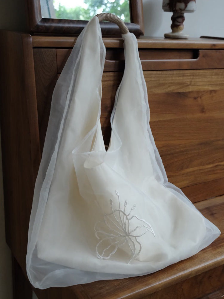 Women's Large Soft Shoulder Tote Bag with Embroidered Detail