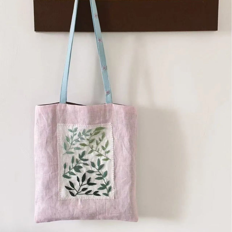 Women's Leaf Embroidered Cotton Linen Tote Bag