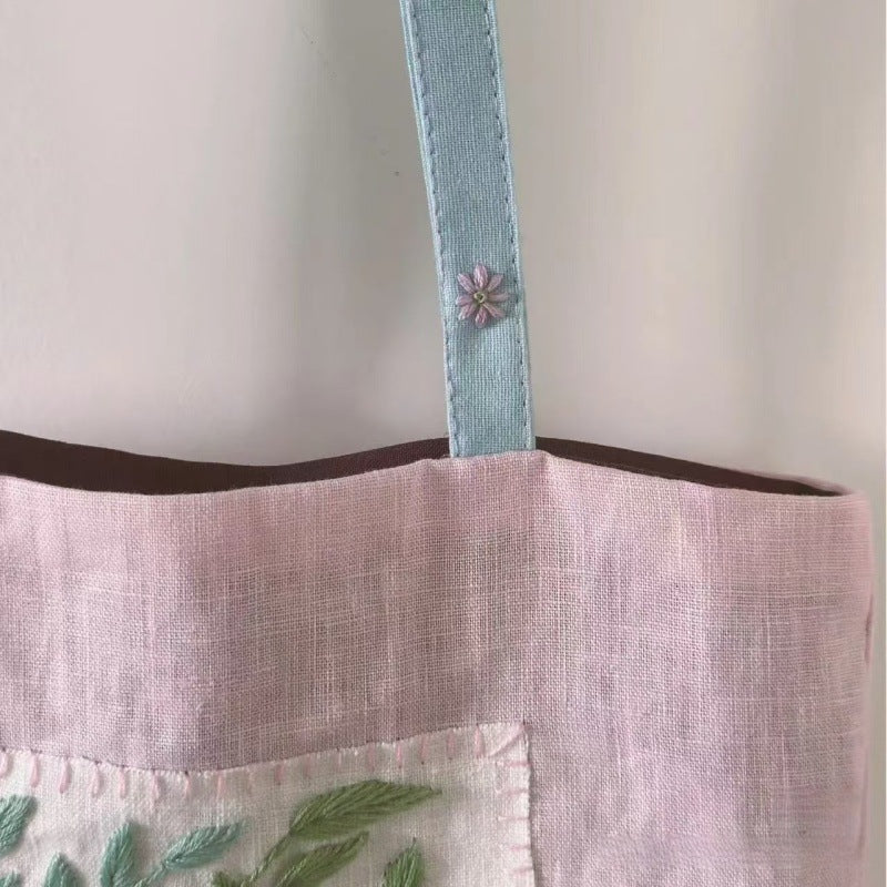 Women's Leaf Embroidered Cotton Linen Tote Bag