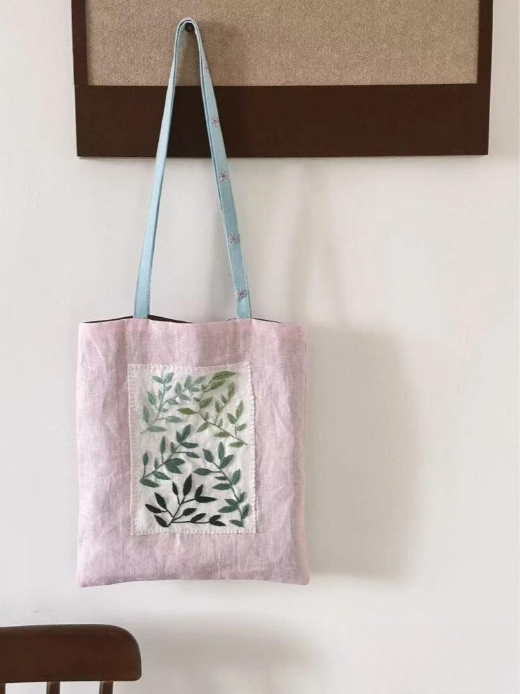 Women's Leaf Embroidered Cotton Linen Tote Bag