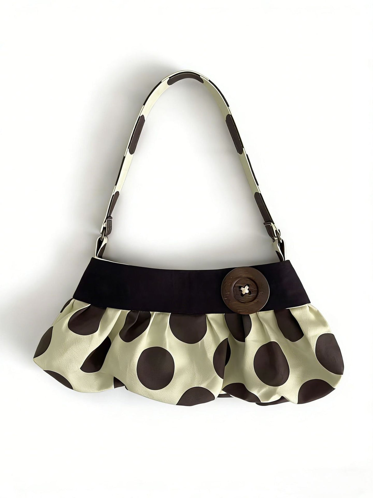 Women's Polka Dot Ruched Shoulder Bag with Button Detail – Beige & Brown