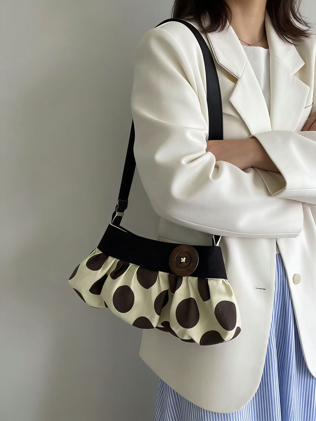 Women's Polka Dot Ruched Shoulder Bag with Button Detail – Beige & Brown