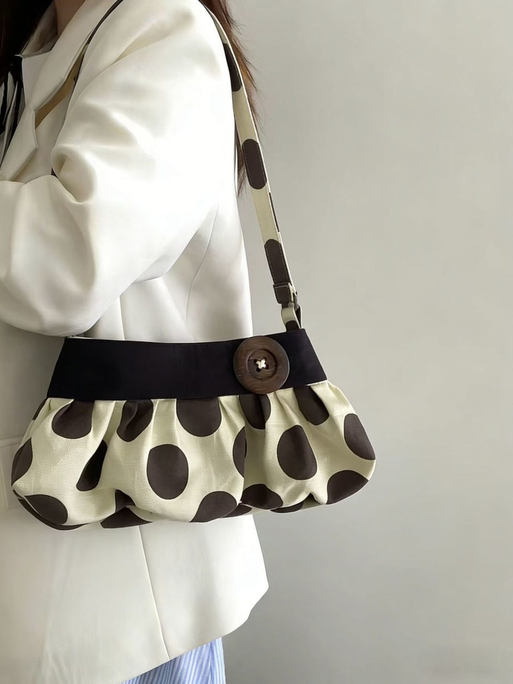Women's Polka Dot Ruched Shoulder Bag with Button Detail – Beige & Brown