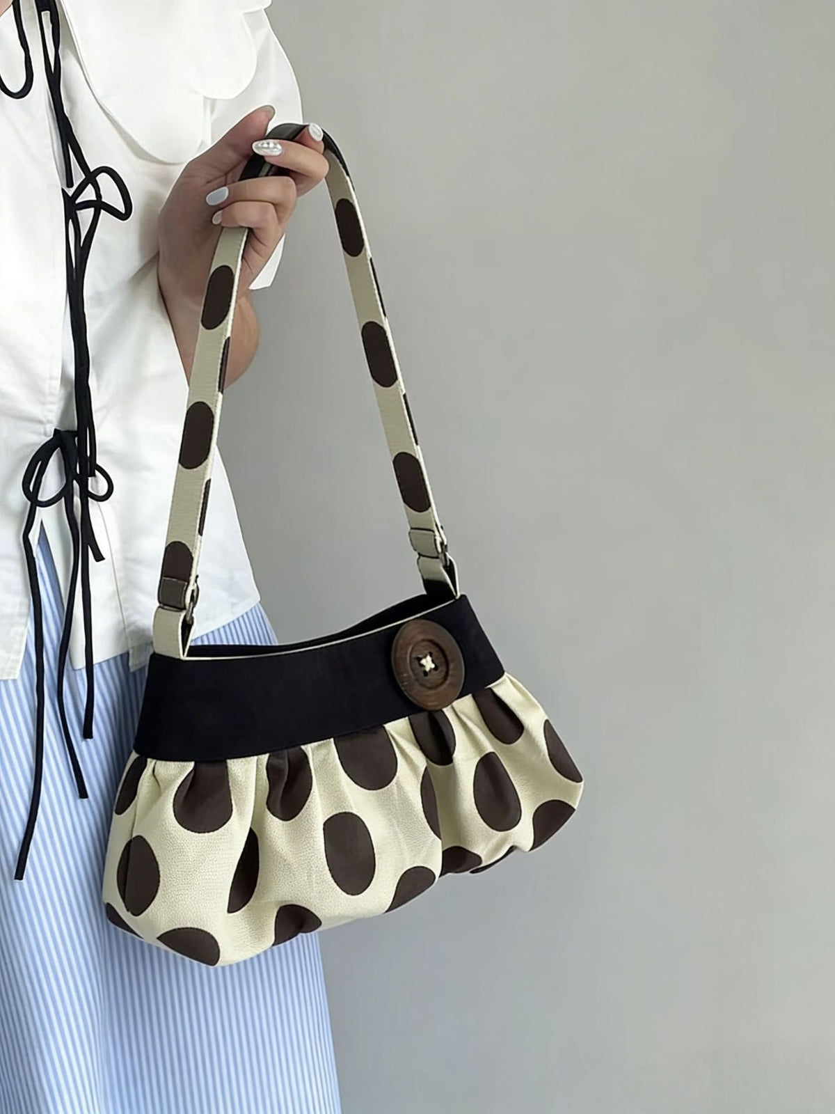 Women's Polka Dot Ruched Shoulder Bag with Button Detail – Beige & Brown