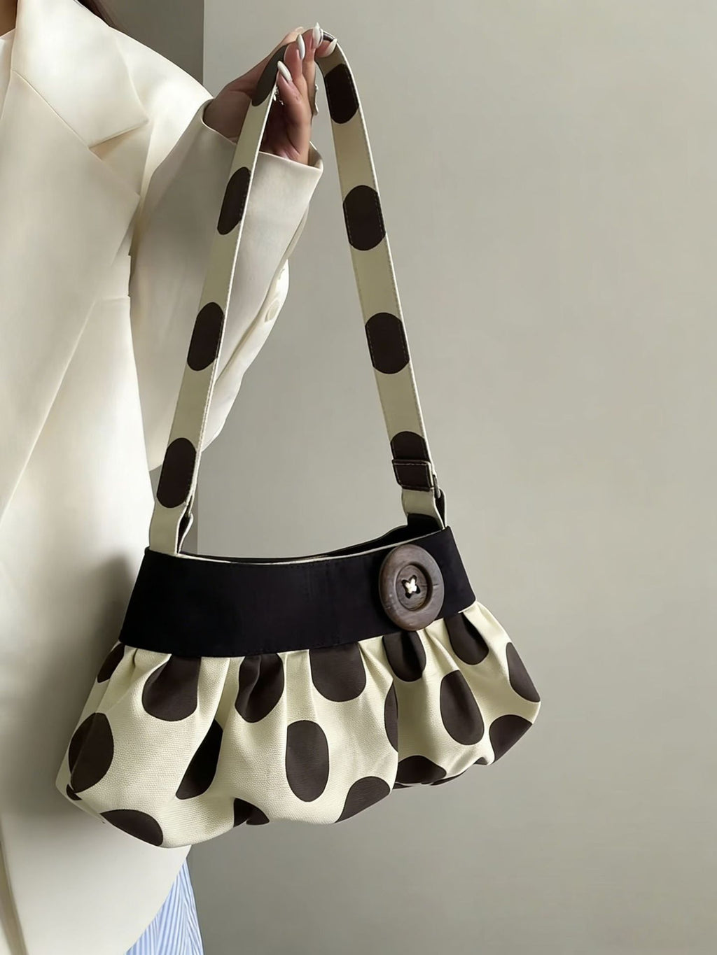 Women's Polka Dot Ruched Shoulder Bag with Button Detail – Beige & Brown