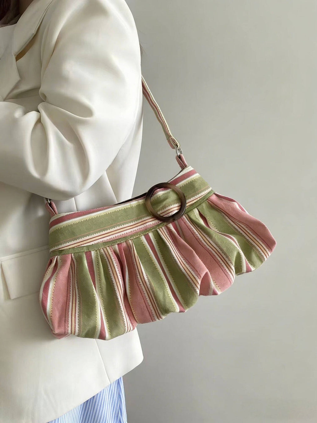 Women's Striped Ruched Shoulder Bag with Ring Detail