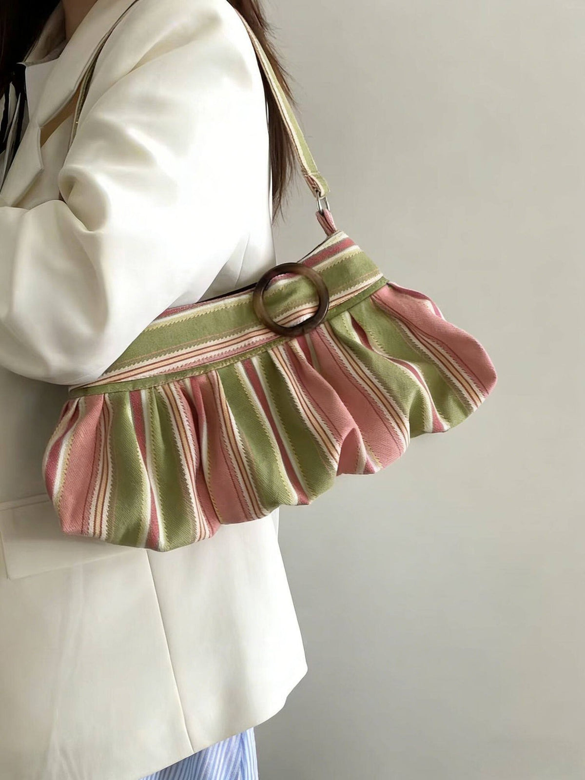 Women's Striped Ruched Shoulder Bag with Ring Detail