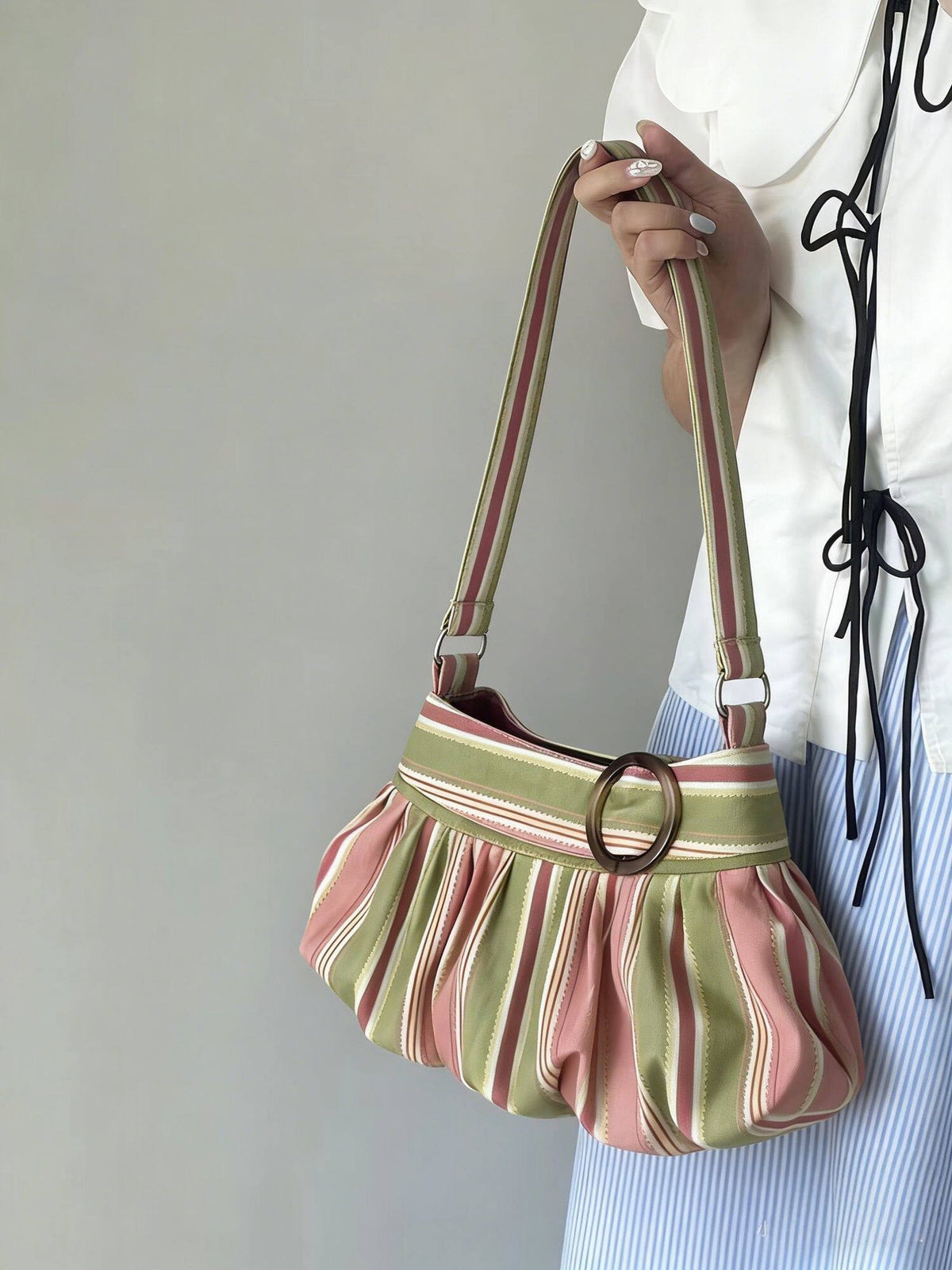 Women's Striped Ruched Shoulder Bag with Ring Detail