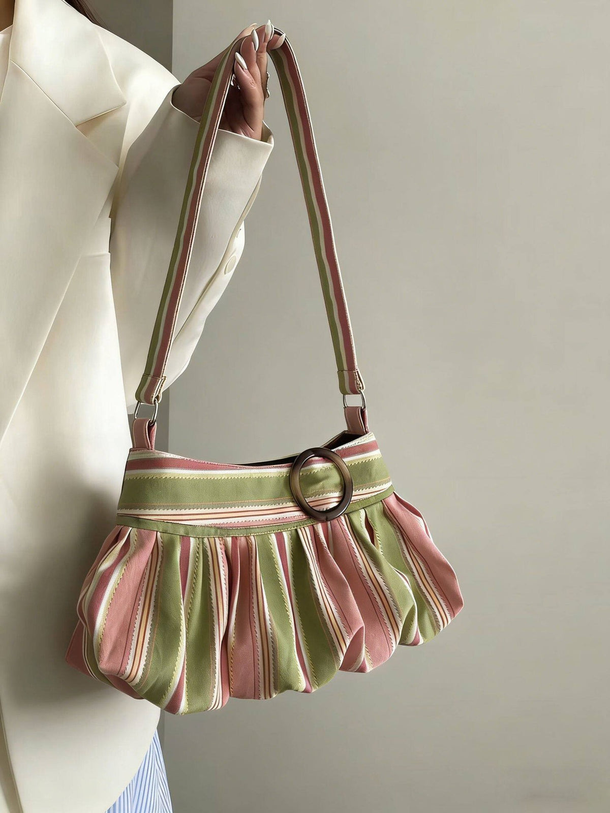 Women's Striped Ruched Shoulder Bag with Ring Detail