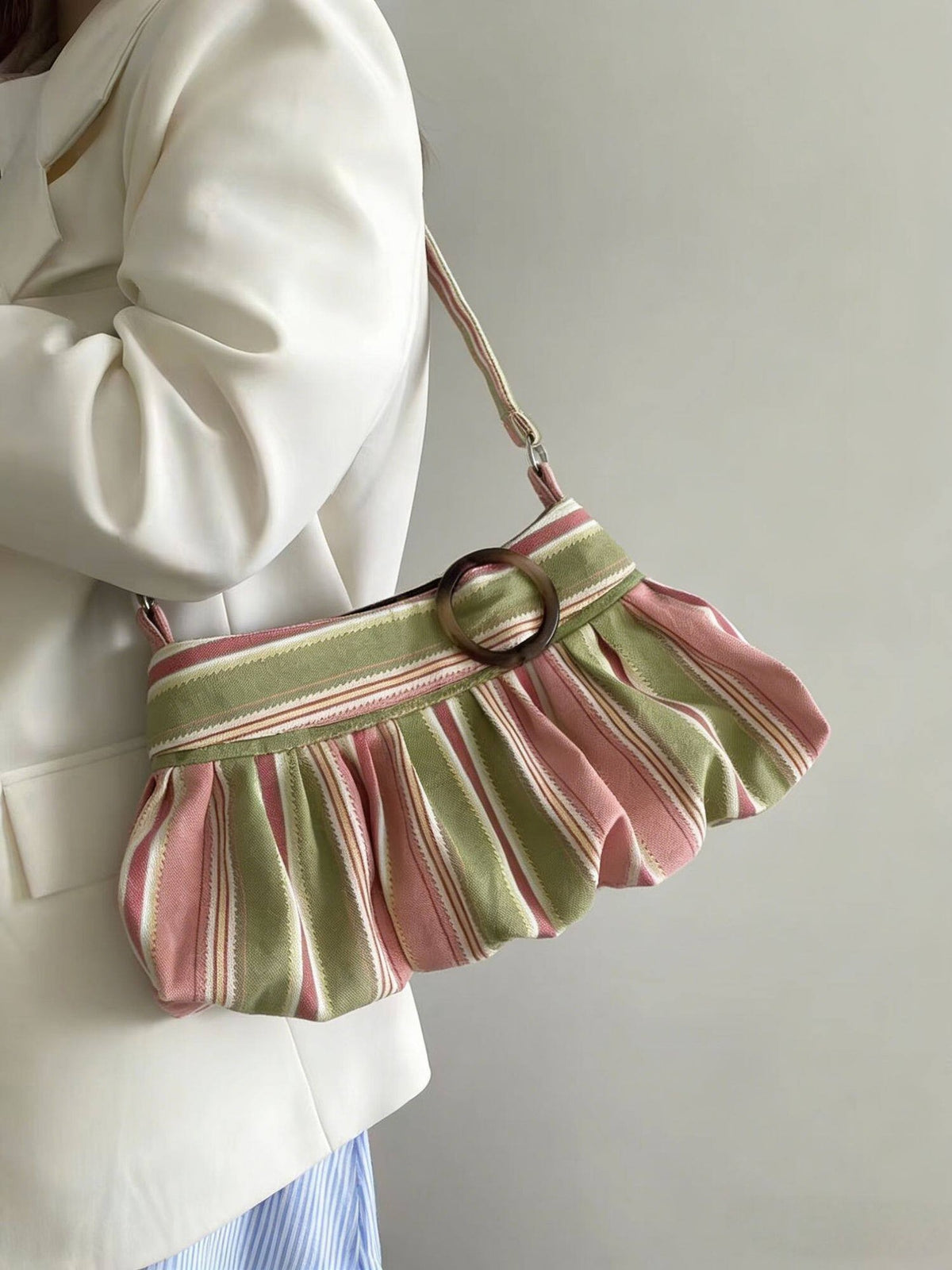Women's Striped Ruched Shoulder Bag with Ring Detail